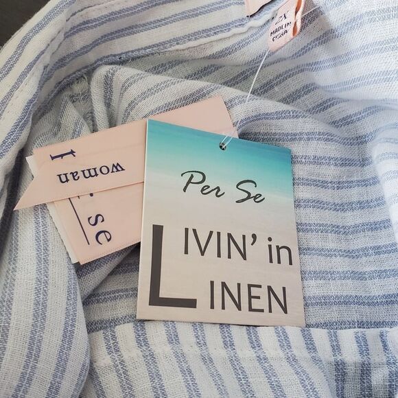 Per Se | Blue and White Striped Button Back Linen Blend Shirt | Size 2X | NWT - Picture 3 of 9